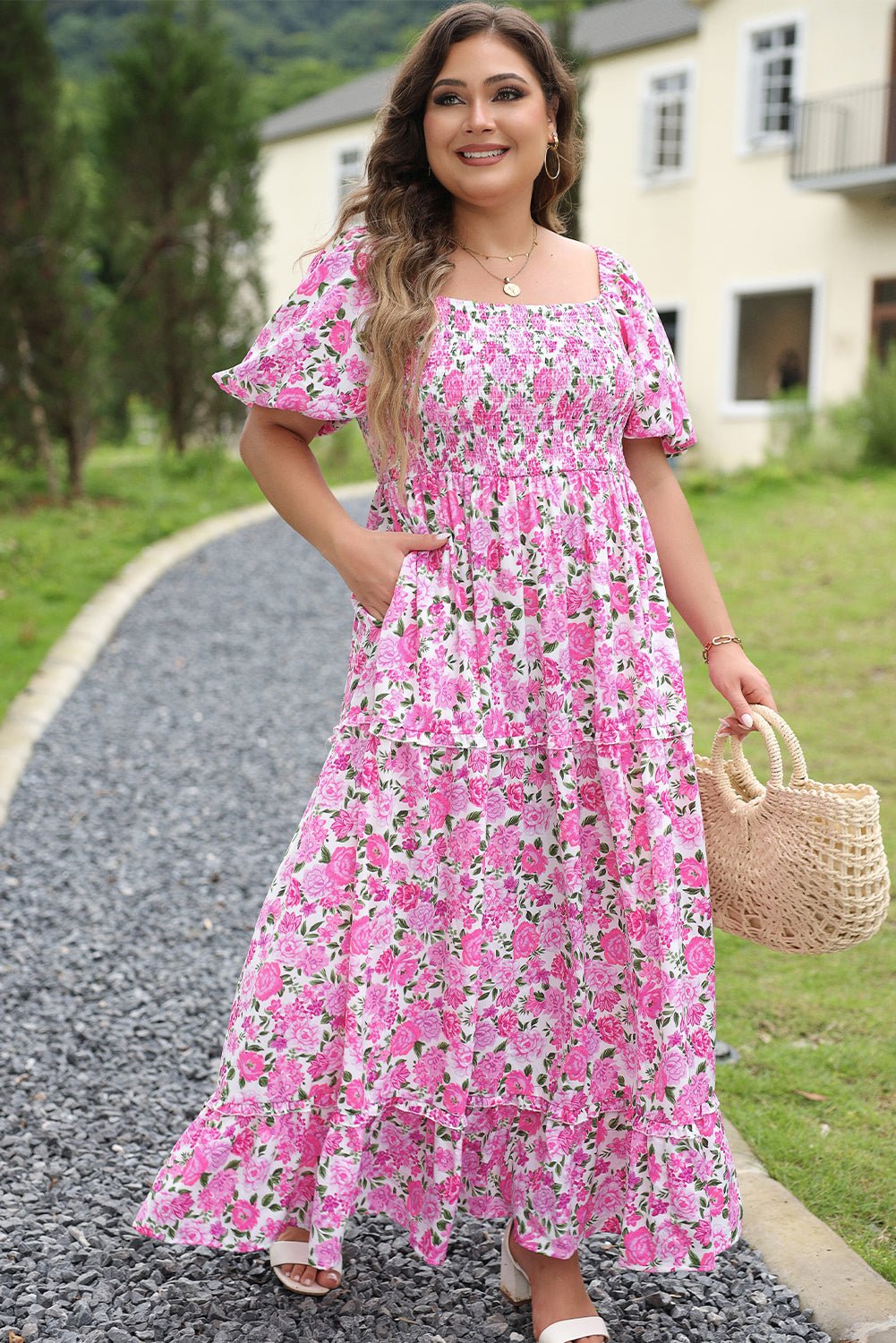 Pink Plus Size Floral Print Smocked Puff Sleeve Maxi Dress - MAD RUFFI