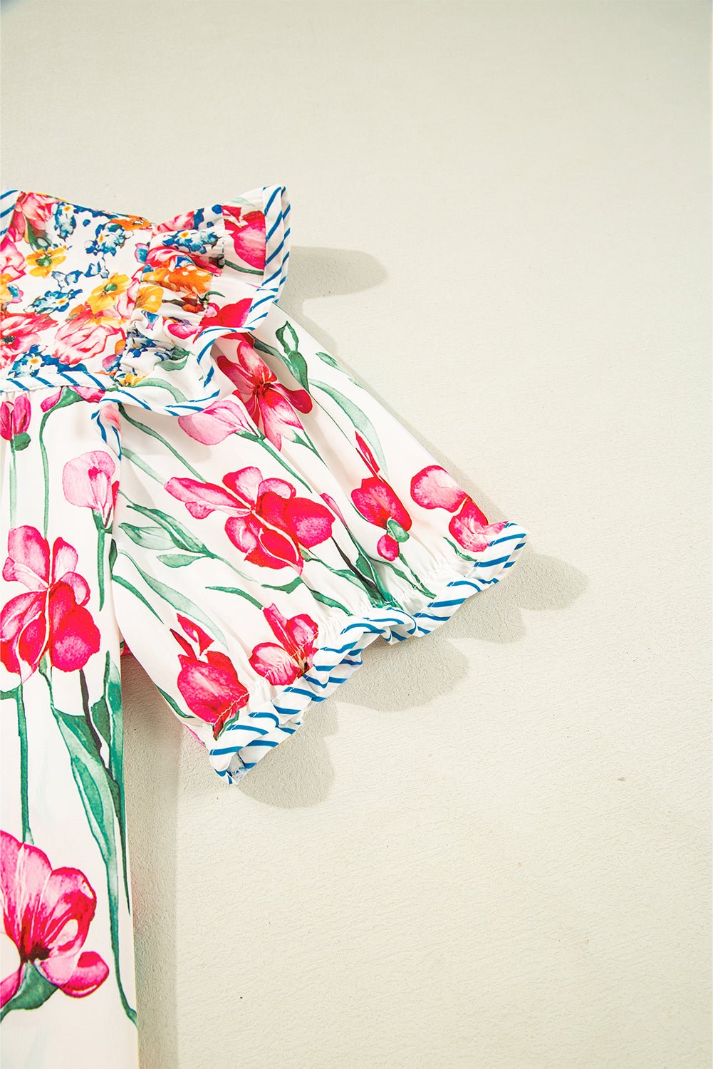 Pink Plus Size Floral Print Striped Trim V Neck Blouse - MAD RUFFI