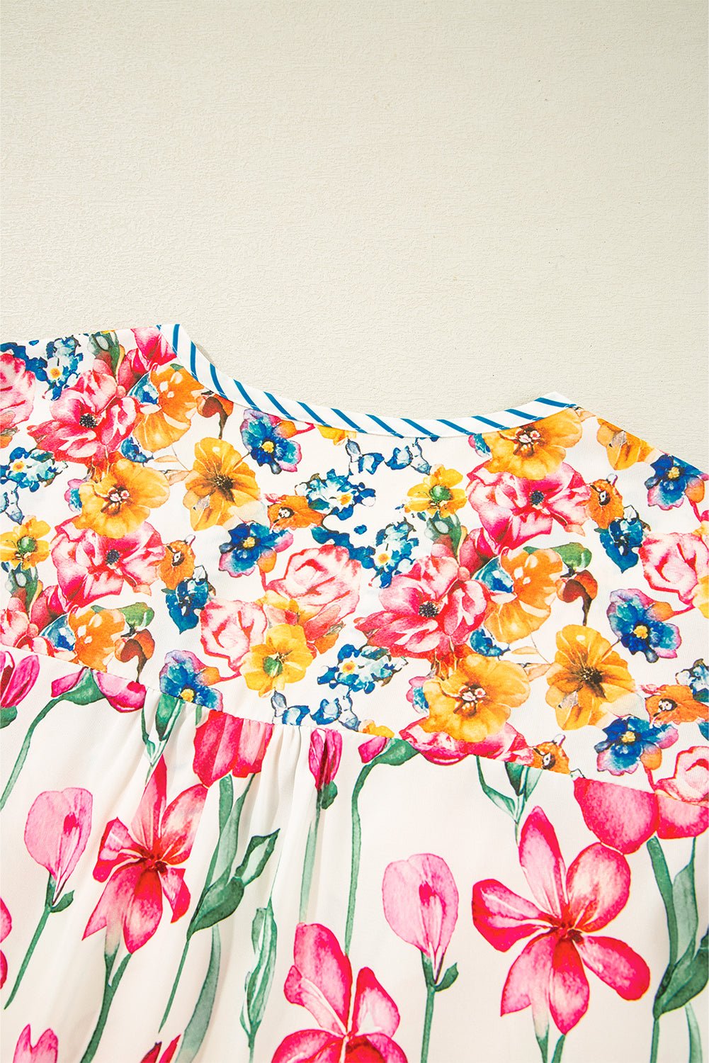 Pink Plus Size Floral Print Striped Trim V Neck Blouse - MAD RUFFI