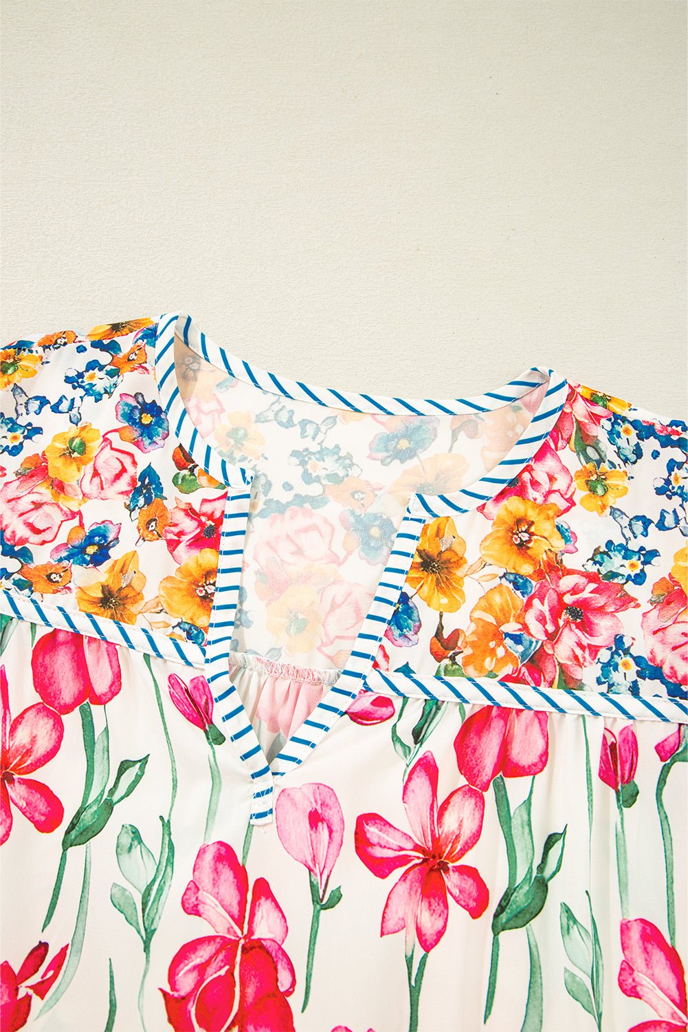 Pink Plus Size Floral Print Striped Trim V Neck Blouse - MAD RUFFI