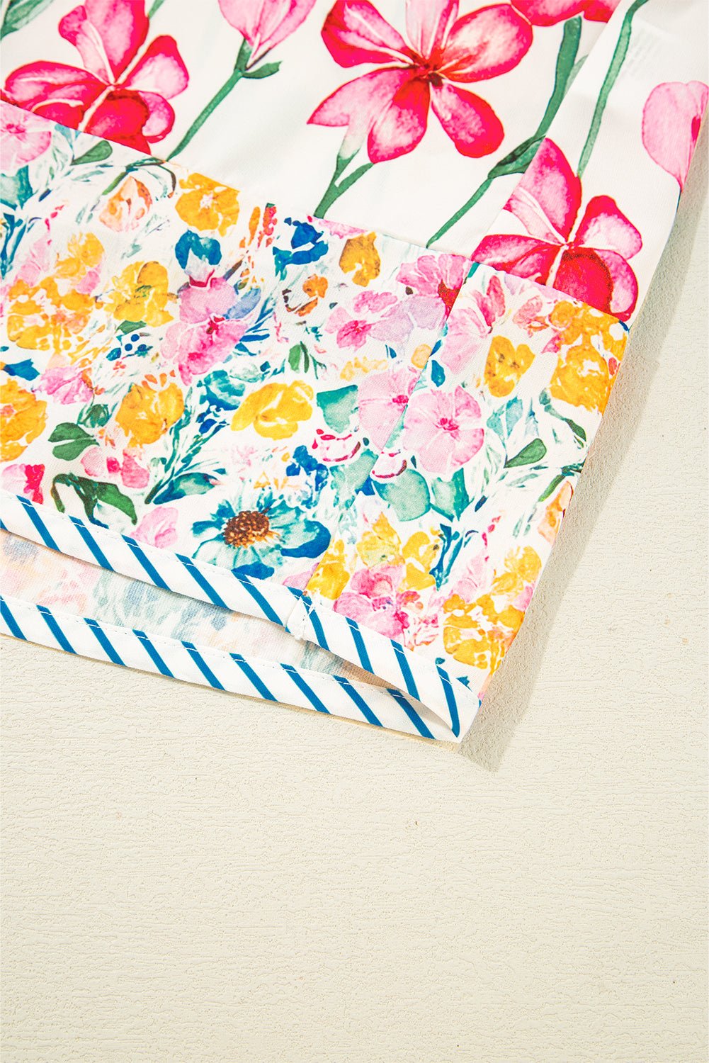 Pink Plus Size Floral Print Striped Trim V Neck Blouse - MAD RUFFI