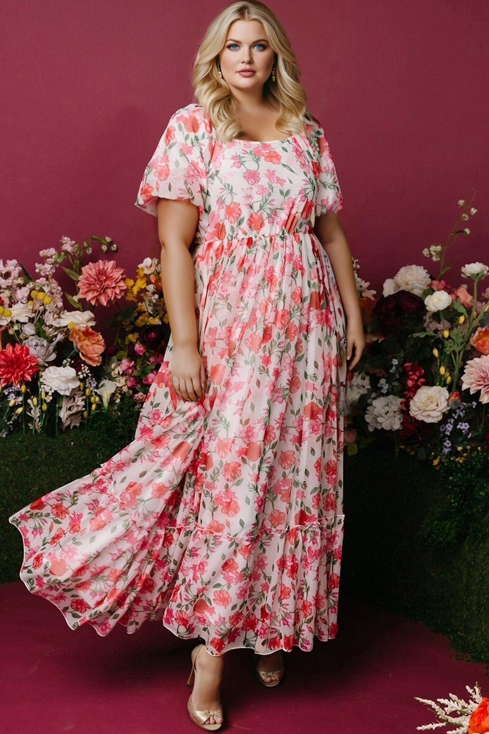 Pink Plus Size Floral Square Neck Puff Sleeve Ruffle Maxi Dress - MAD RUFFI