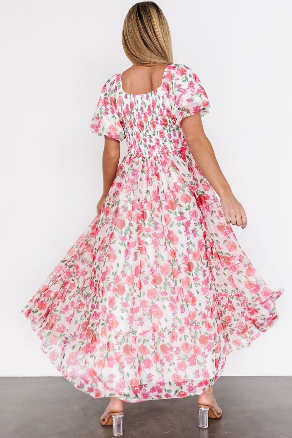 Pink Plus Size Floral Square Neck Puff Sleeve Ruffle Maxi Dress - MAD RUFFI