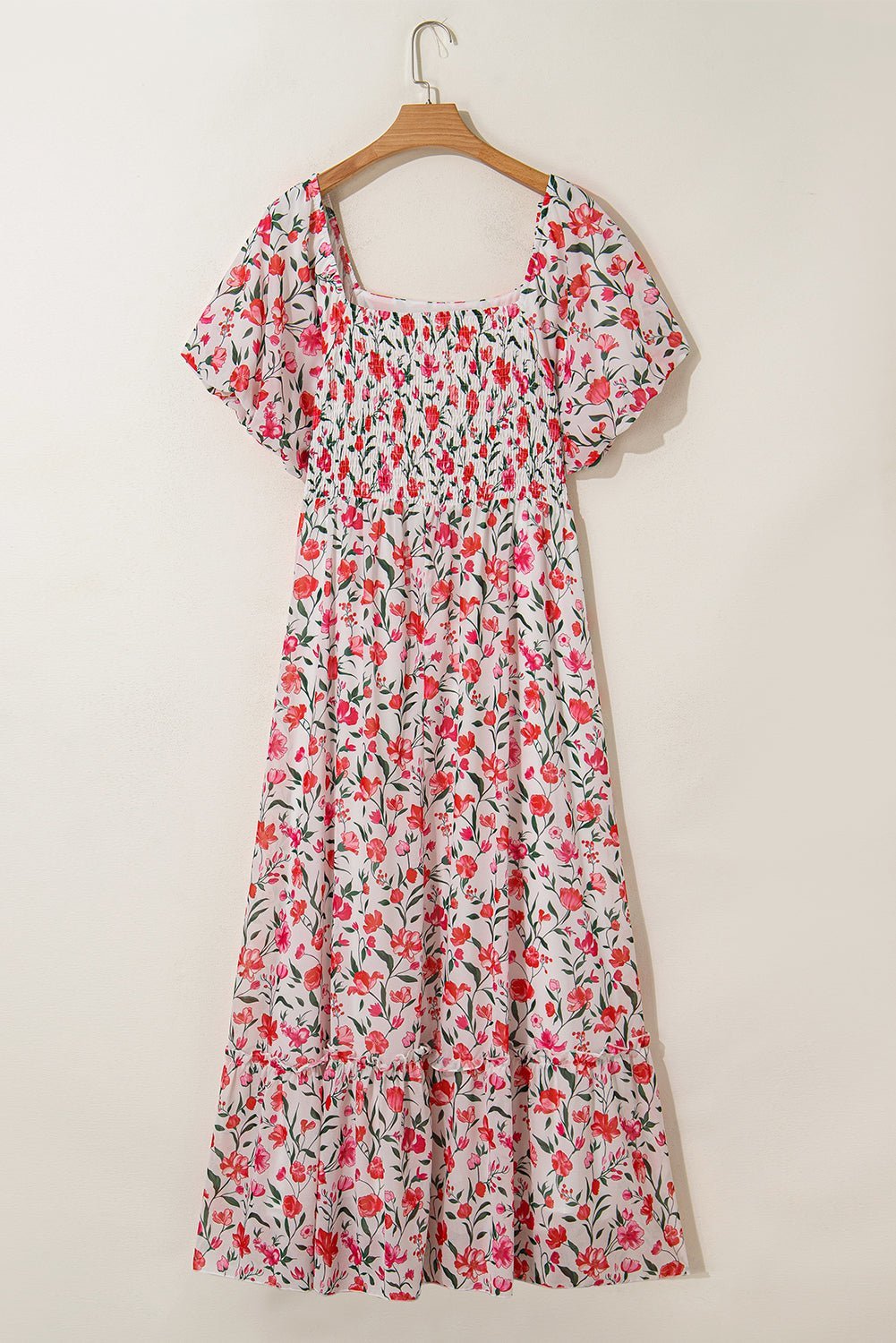 Pink Plus Size Floral Square Neck Puff Sleeve Ruffle Maxi Dress - MAD RUFFI