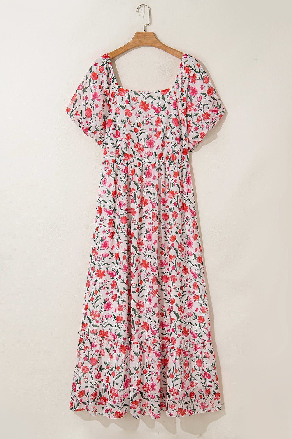 Pink Plus Size Floral Square Neck Puff Sleeve Ruffle Maxi Dress - MAD RUFFI