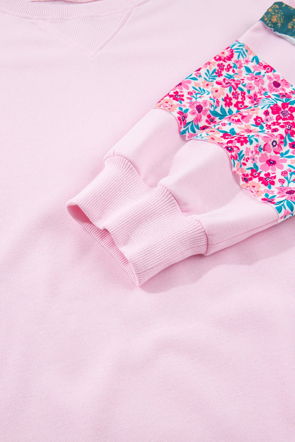 Pink Plus Size Mix Floral Patched Sleeve Ribbed Trim Baggy Sweatshirt - MAD RUFFI
