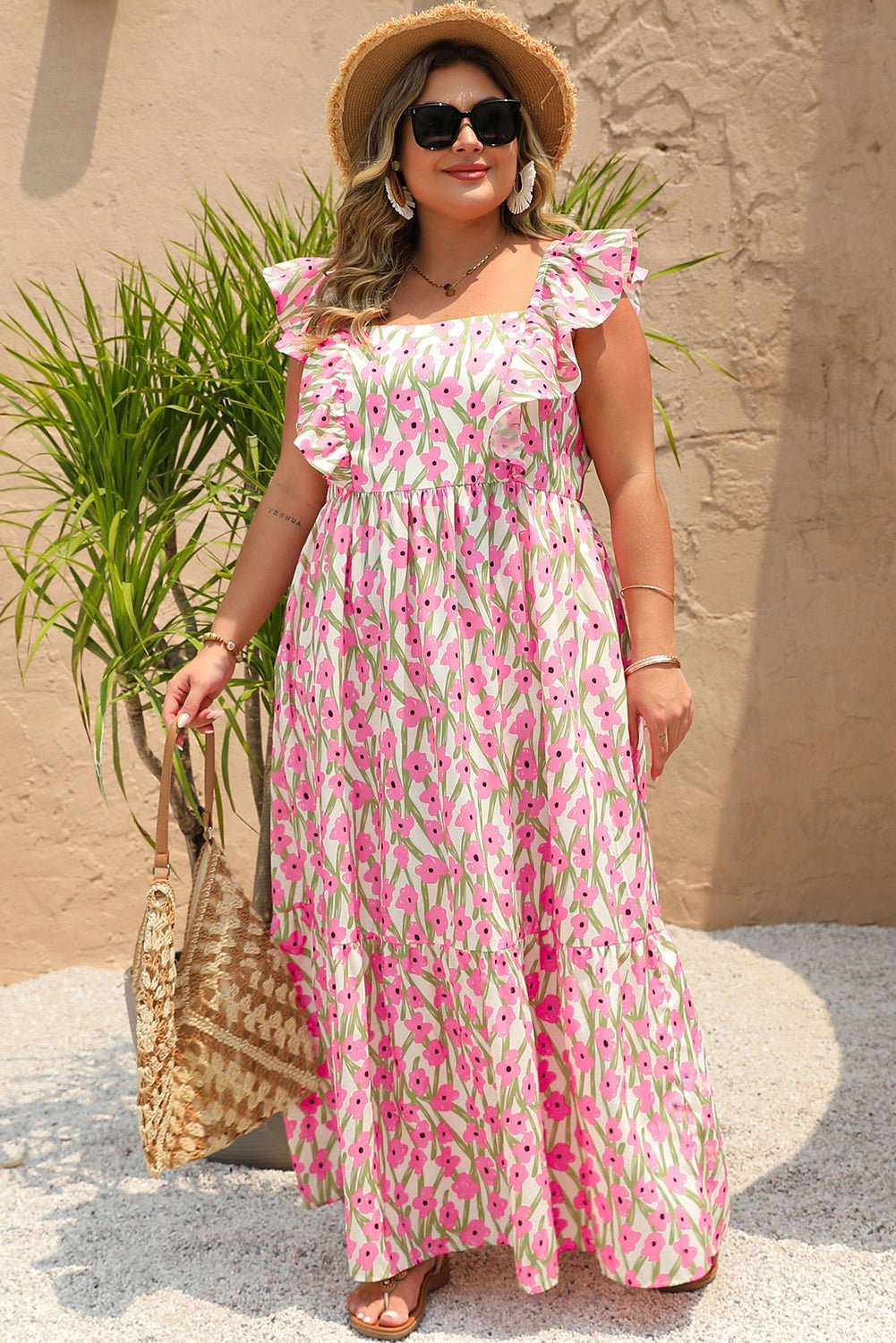 Pink Plus Size Ruffle High Waist Floral Maxi Dress - MAD RUFFI