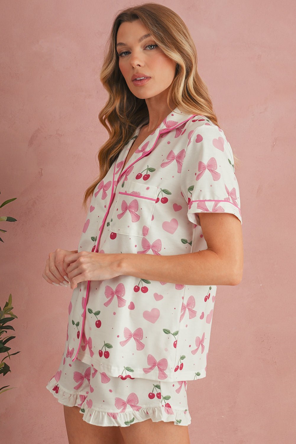 Pink Polka Dot and Bow Print Ruffle Hem Shorts Pajama Set - MAD RUFFI