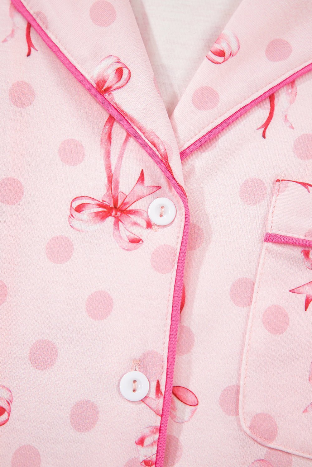 Pink Polka Dot and Bow Print Ruffle Hem Shorts Pajama Set - MAD RUFFI