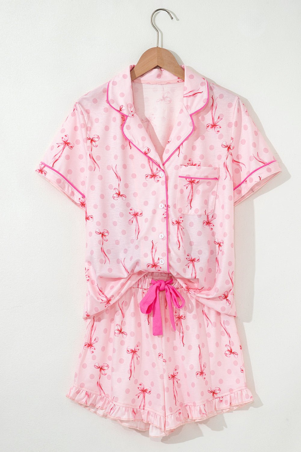 Pink Polka Dot and Bow Print Ruffle Hem Shorts Pajama Set - MAD RUFFI