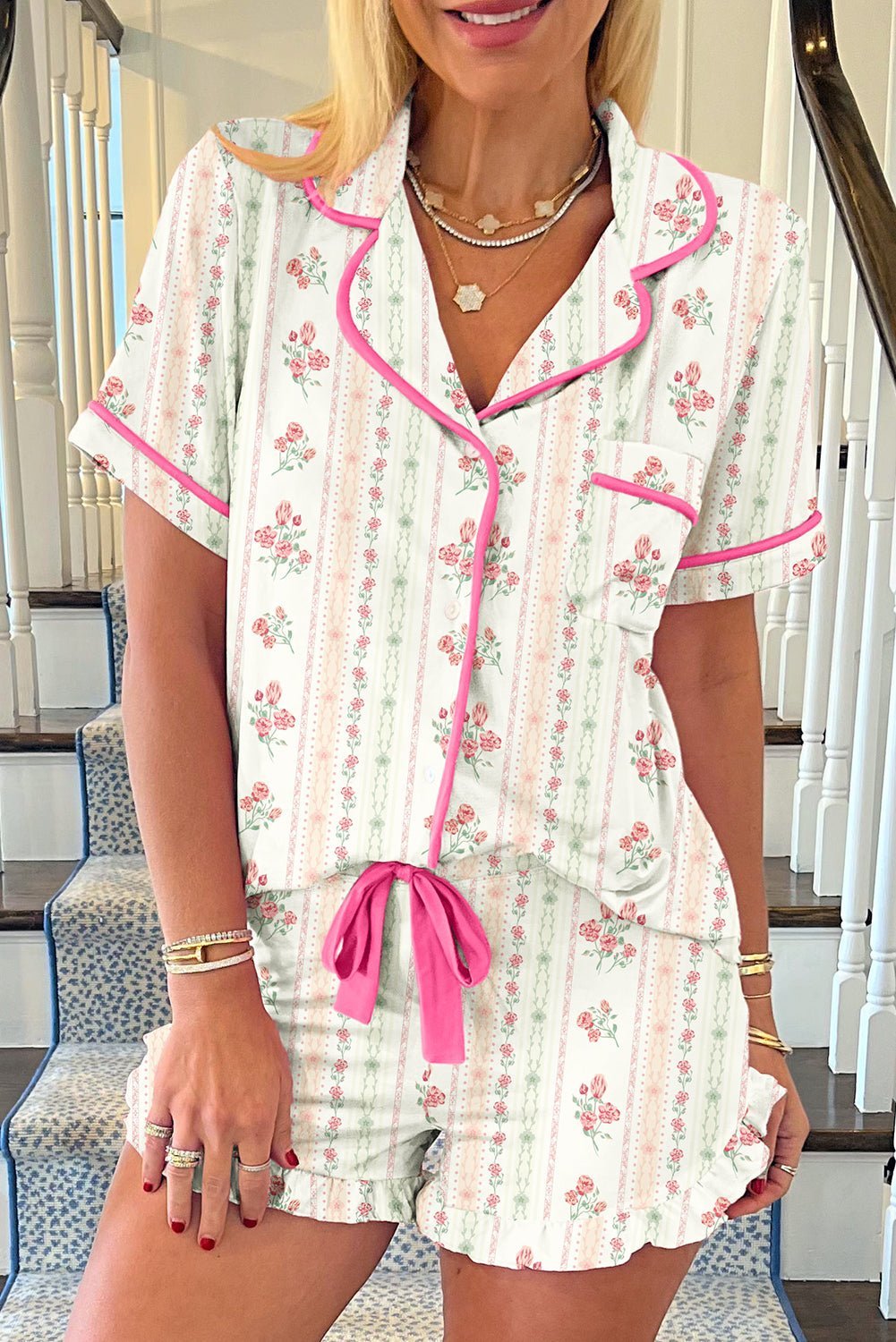 Pink Polka Dot and Bow Print Ruffle Hem Shorts Pajama Set - MAD RUFFI