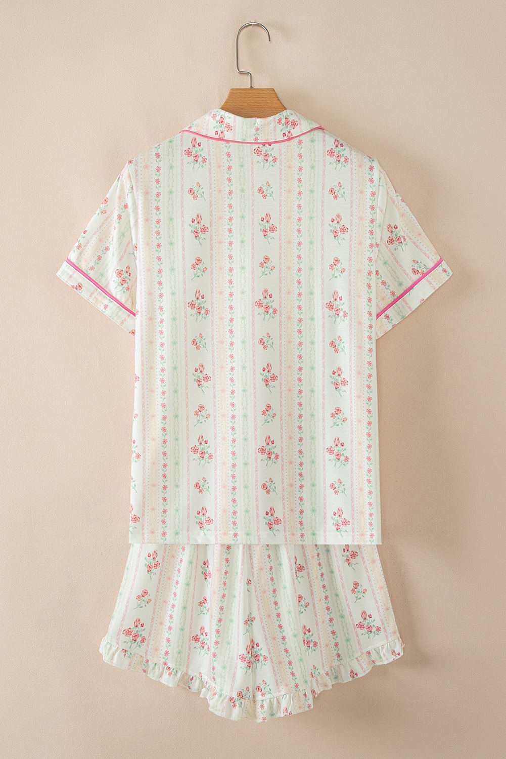 Pink Polka Dot and Bow Print Ruffle Hem Shorts Pajama Set - MAD RUFFI