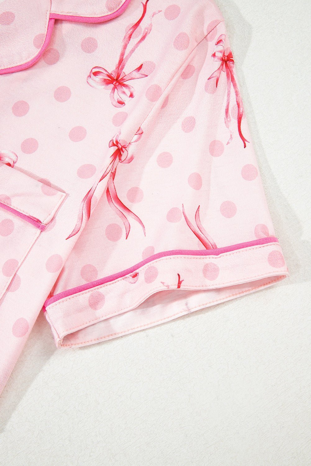 Pink Polka Dot and Bow Print Ruffle Hem Shorts Pajama Set - MAD RUFFI