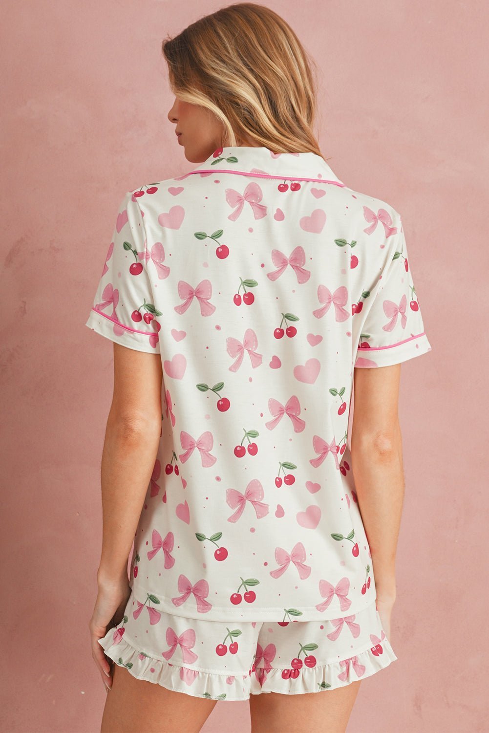 Pink Polka Dot and Bow Print Ruffle Hem Shorts Pajama Set - MAD RUFFI