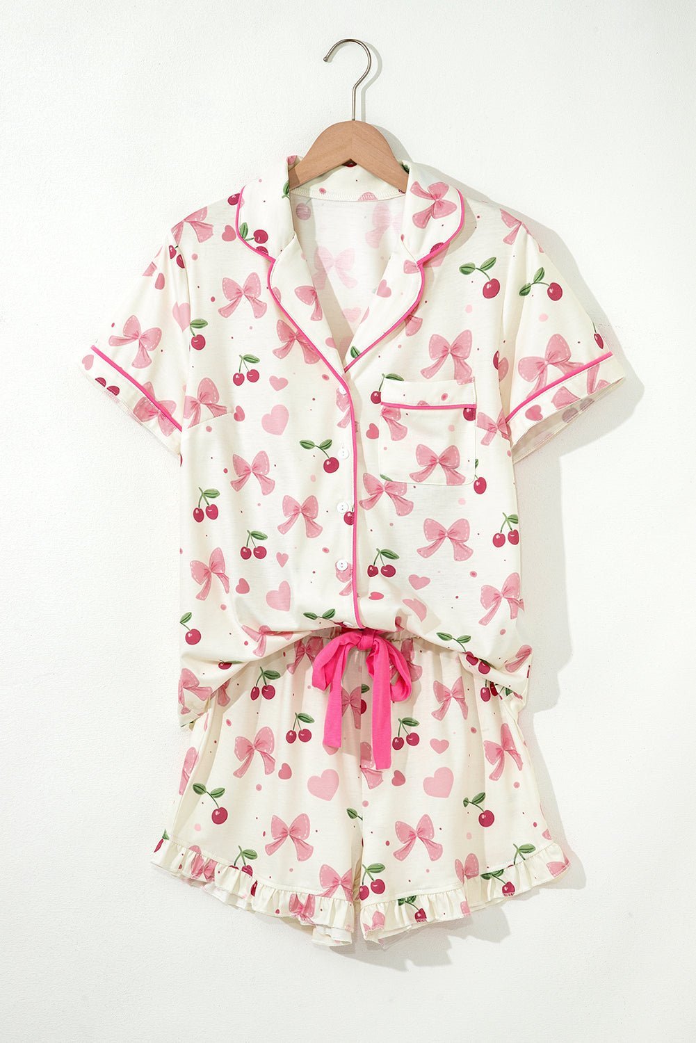 Pink Polka Dot and Bow Print Ruffle Hem Shorts Pajama Set - MAD RUFFI