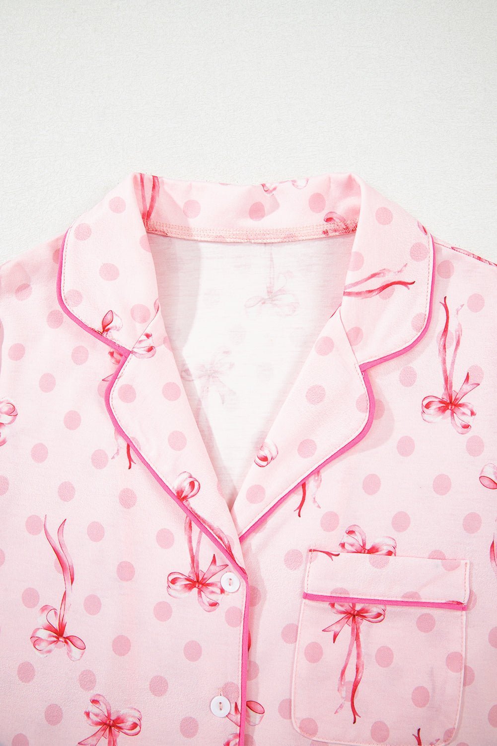 Pink Polka Dot and Bow Print Ruffle Hem Shorts Pajama Set - MAD RUFFI