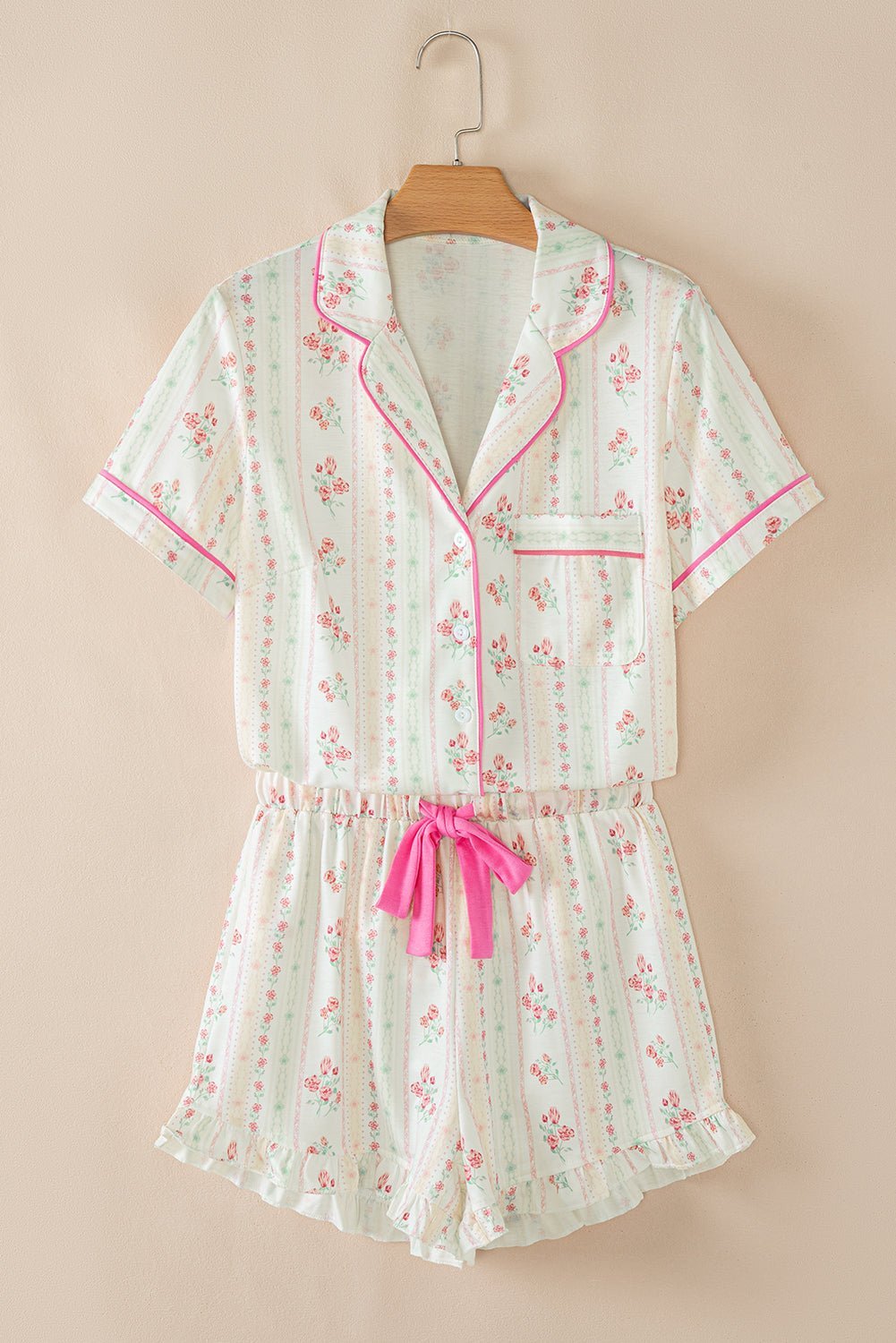Pink Polka Dot and Bow Print Ruffle Hem Shorts Pajama Set - MAD RUFFI