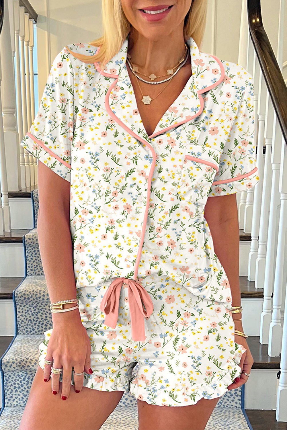 Pink Polka Dot and Bow Print Ruffle Hem Shorts Pajama Set - MAD RUFFI