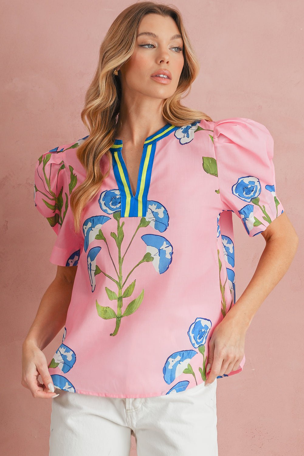 Pink Puff Sleeve Floral Pop of Color Neckline Blouse - MAD RUFFI