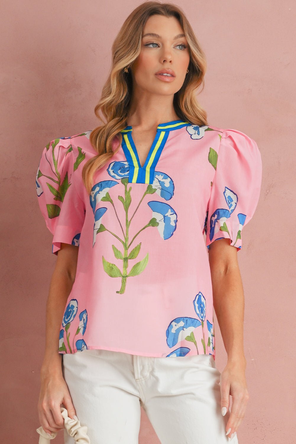 Pink Puff Sleeve Floral Pop of Color Neckline Blouse - MAD RUFFI