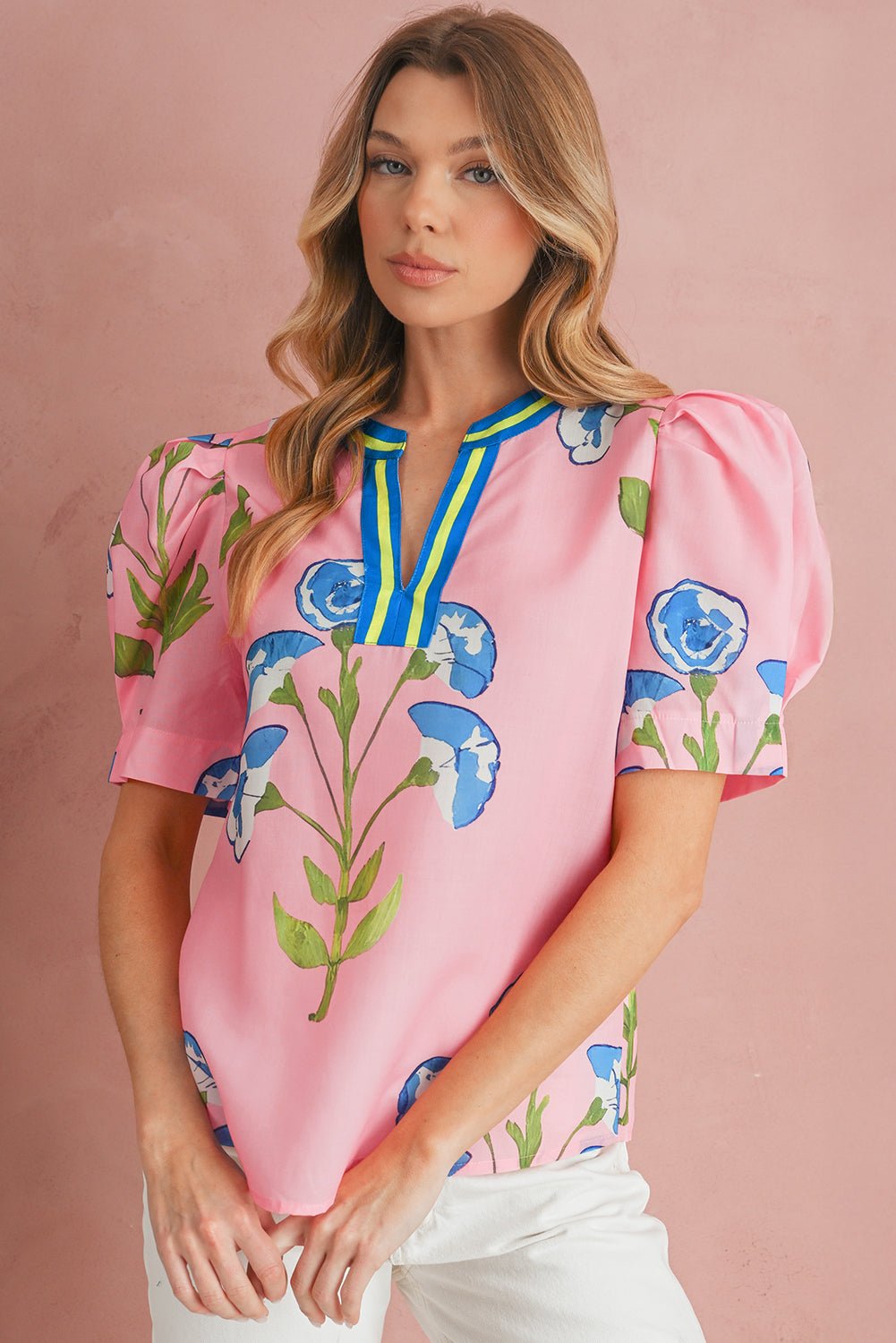 Pink Puff Sleeve Floral Pop of Color Neckline Blouse - MAD RUFFI