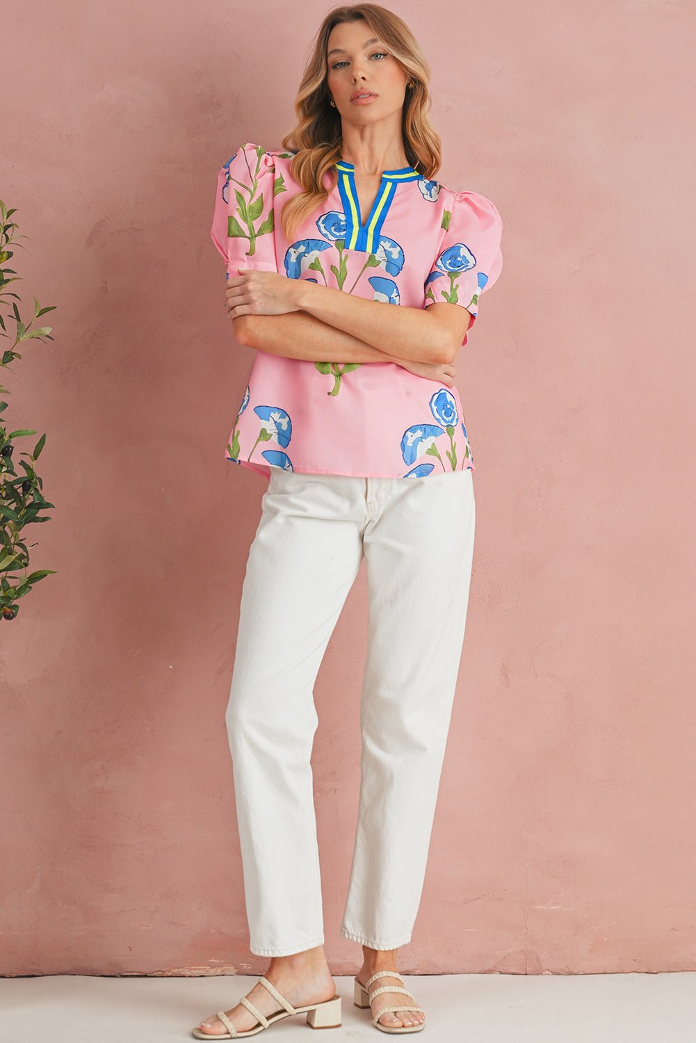 Pink Puff Sleeve Floral Pop of Color Neckline Blouse - MAD RUFFI