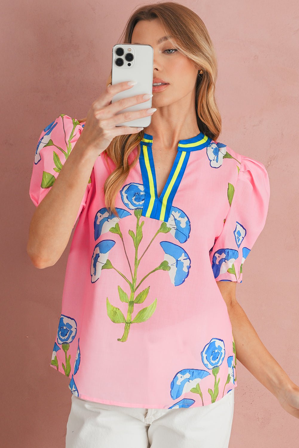 Pink Puff Sleeve Floral Pop of Color Neckline Blouse - MAD RUFFI