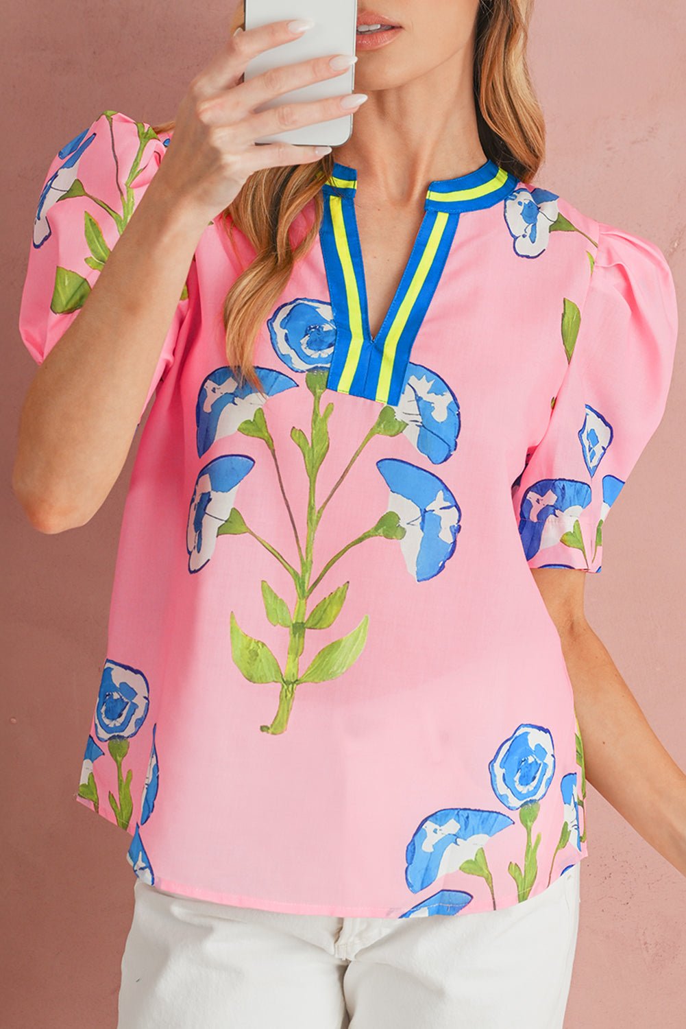 Pink Puff Sleeve Floral Pop of Color Neckline Blouse - MAD RUFFI