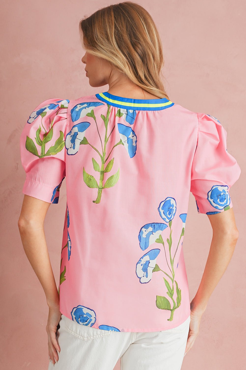 Pink Puff Sleeve Floral Pop of Color Neckline Blouse - MAD RUFFI