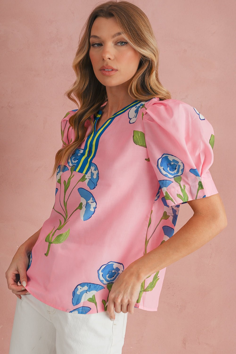 Pink Puff Sleeve Floral Pop of Color Neckline Blouse - MAD RUFFI