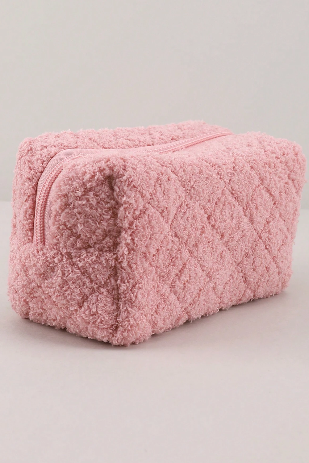 Pink Quilted Checkered Plush Zipped Makeup Bag - MAD RUFFI