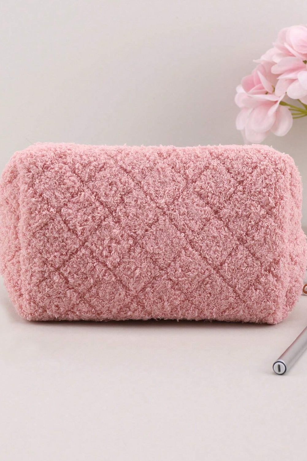 Pink Quilted Checkered Plush Zipped Makeup Bag - MAD RUFFI