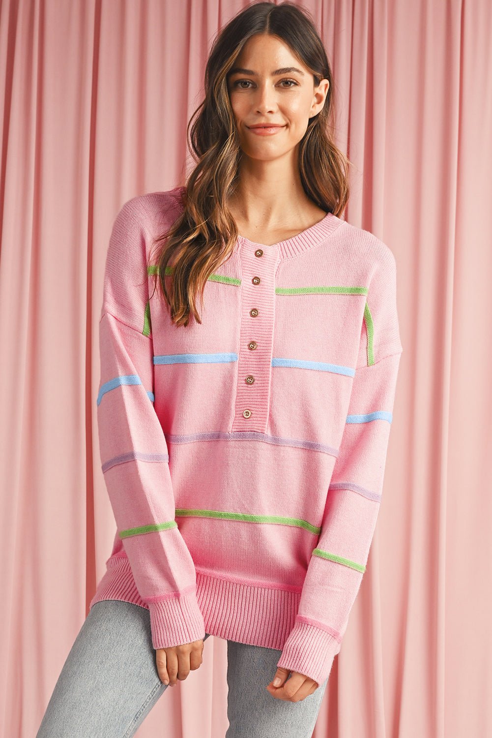 Pink Rainbow Striped Drop Sleeve Henley Sweater - MAD RUFFI