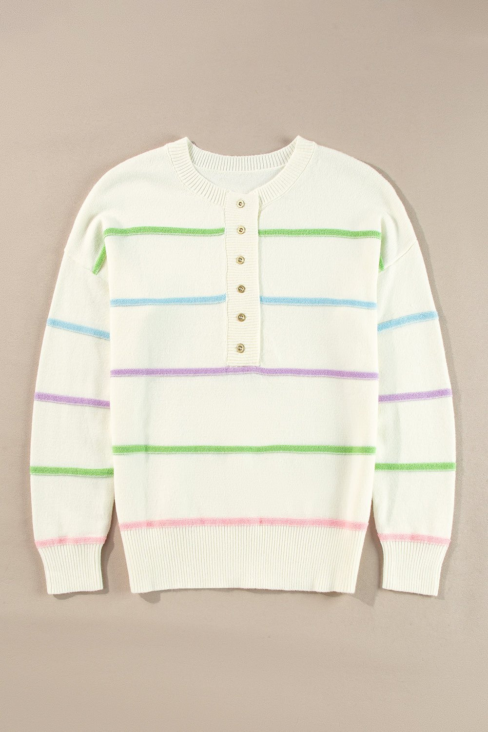 Pink Rainbow Striped Drop Sleeve Henley Sweater - MAD RUFFI