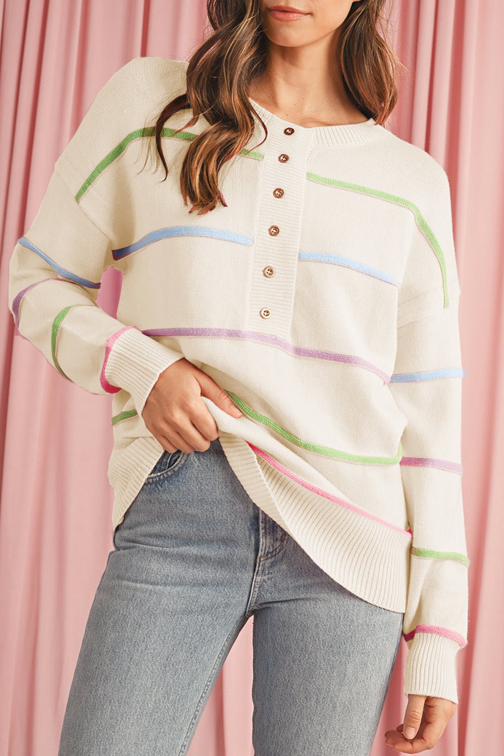 Pink Rainbow Striped Drop Sleeve Henley Sweater - MAD RUFFI