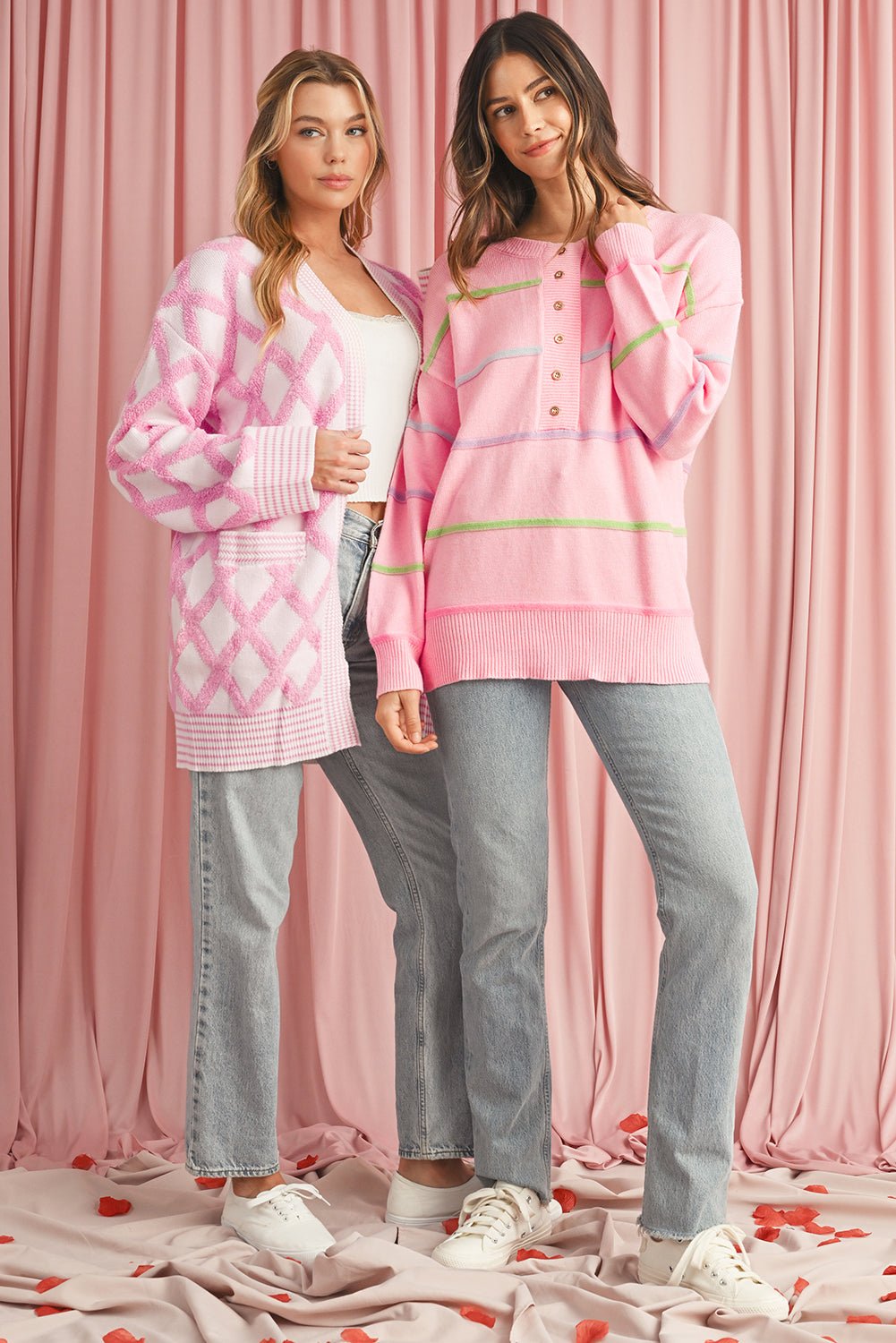 Pink Rainbow Striped Drop Sleeve Henley Sweater - MAD RUFFI