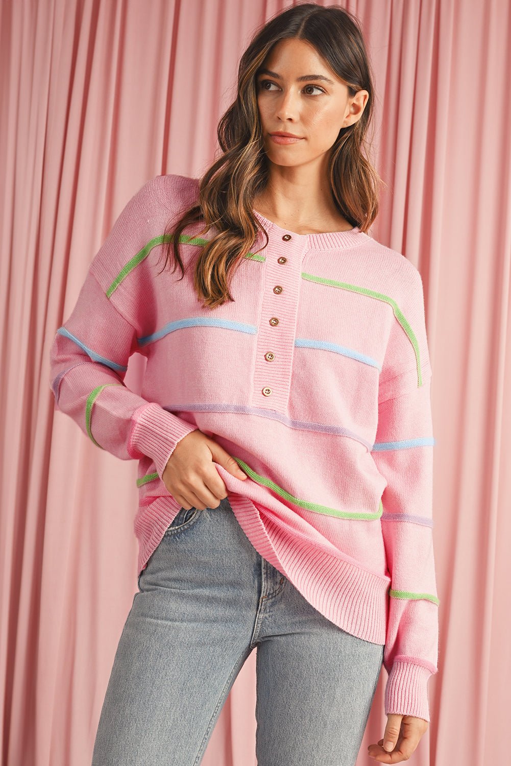 Pink Rainbow Striped Drop Sleeve Henley Sweater - MAD RUFFI