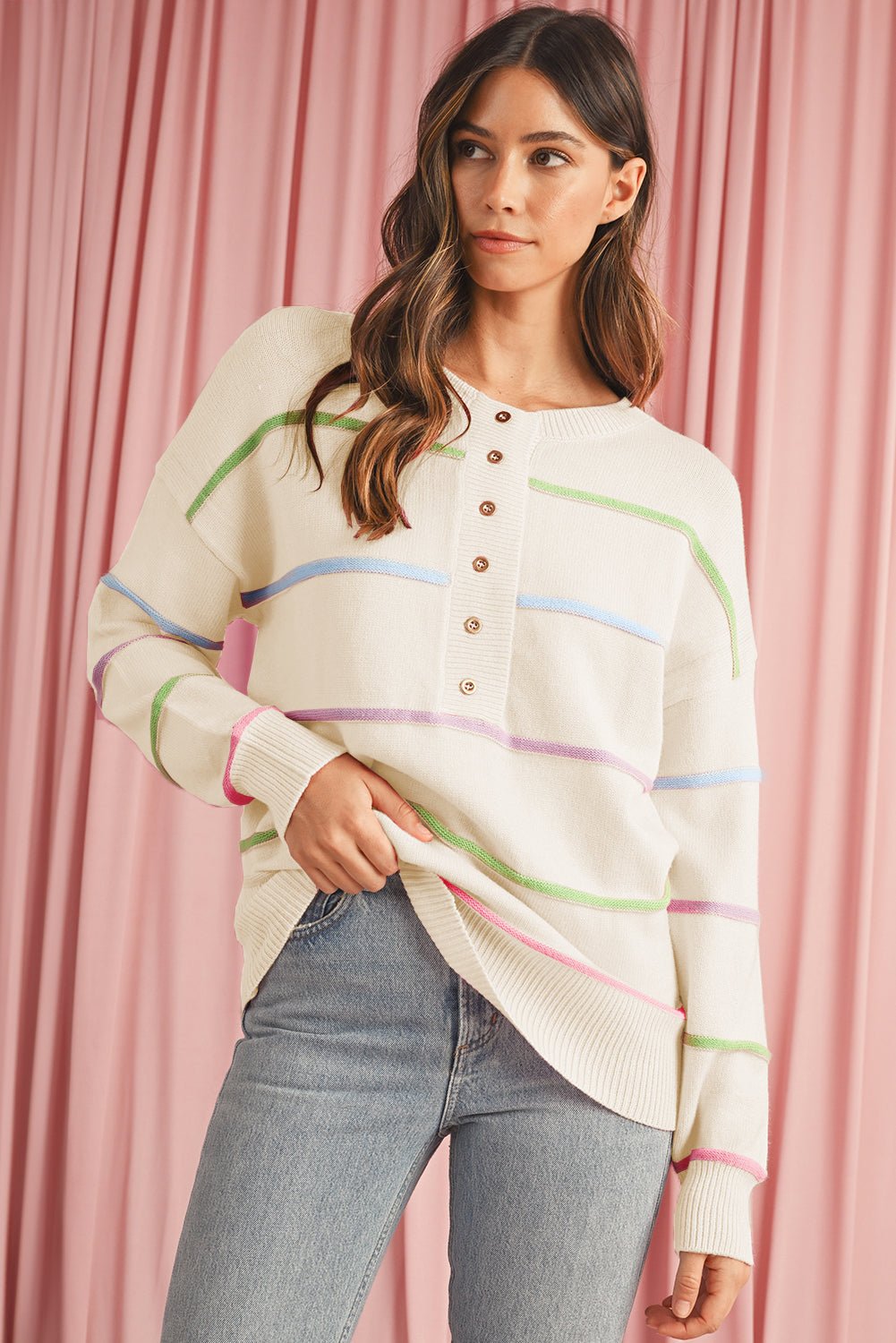 Pink Rainbow Striped Drop Sleeve Henley Sweater - MAD RUFFI