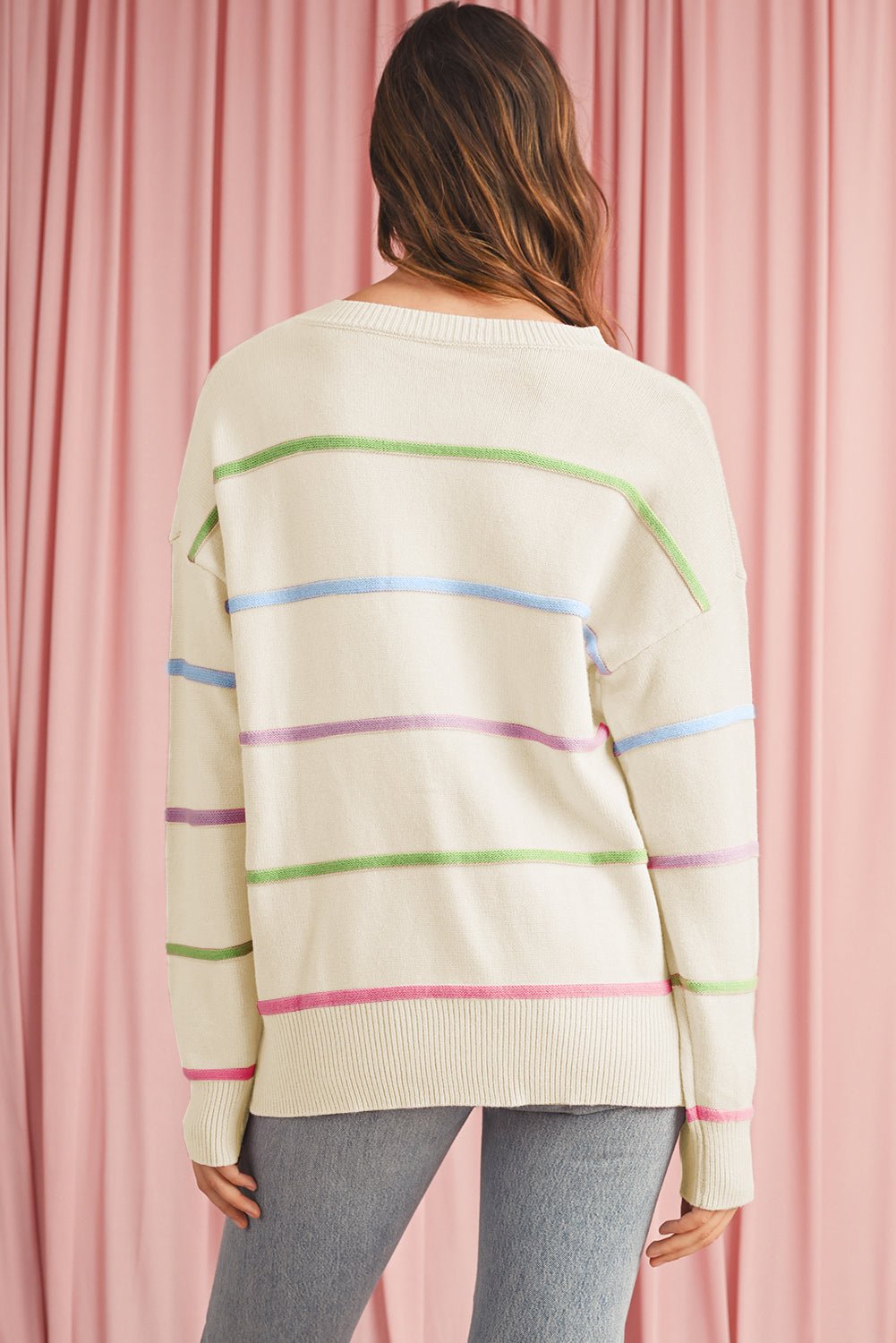 Pink Rainbow Striped Drop Sleeve Henley Sweater - MAD RUFFI