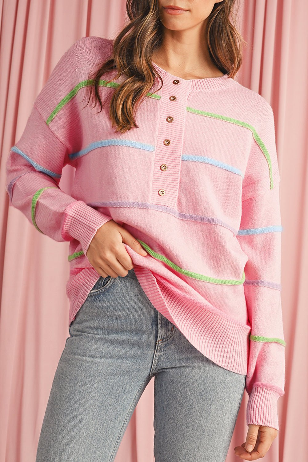 Pink Rainbow Striped Drop Sleeve Henley Sweater - MAD RUFFI