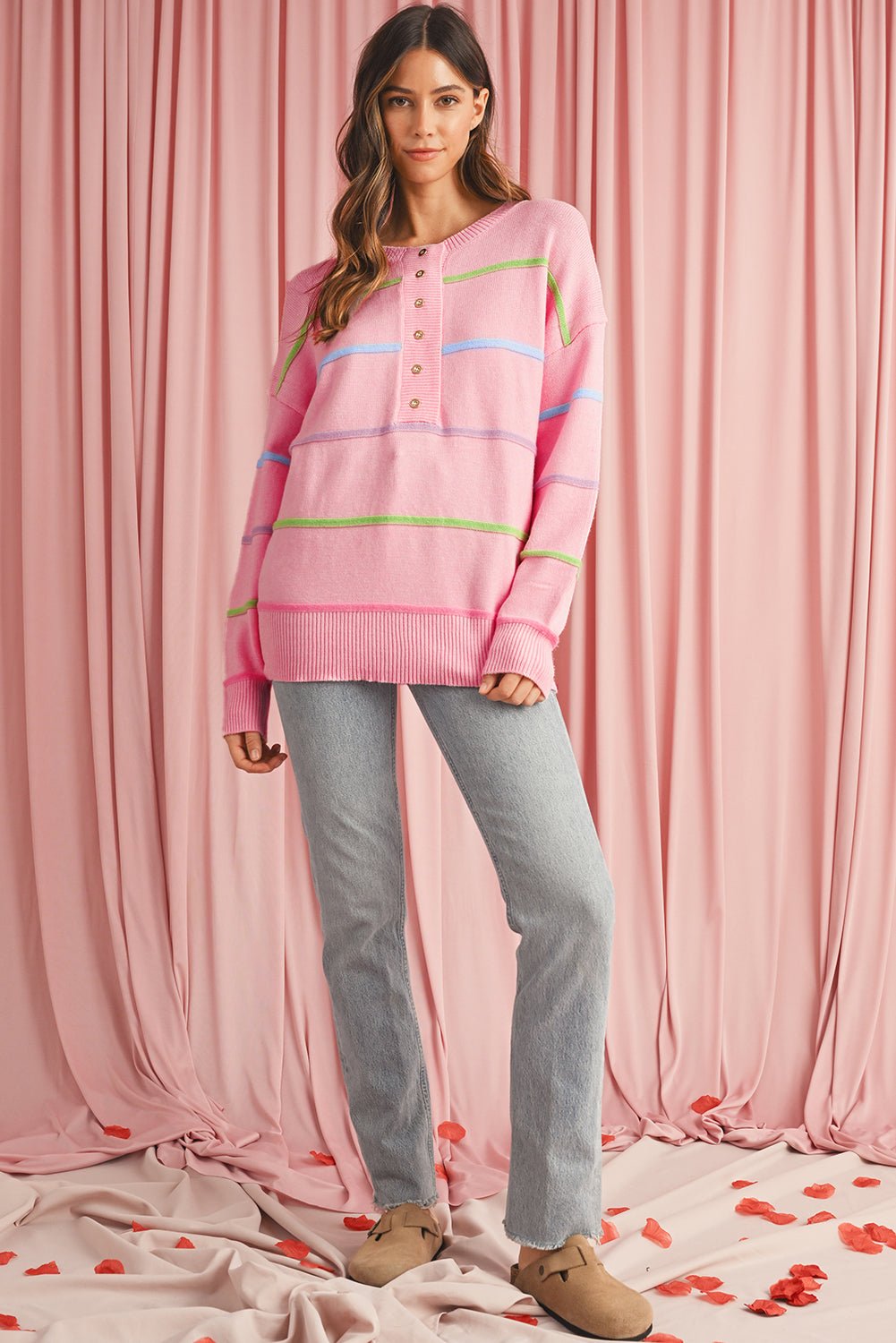 Pink Rainbow Striped Drop Sleeve Henley Sweater - MAD RUFFI