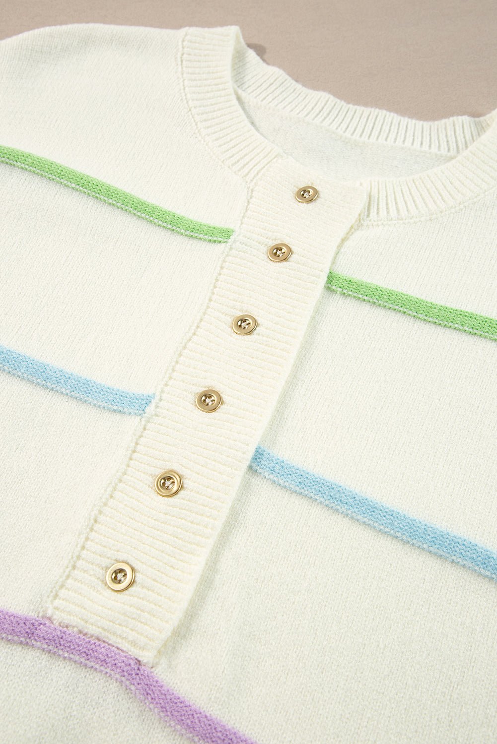 Pink Rainbow Striped Drop Sleeve Henley Sweater - MAD RUFFI