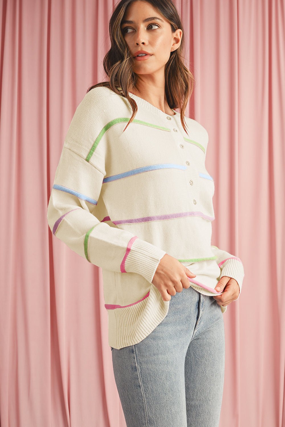 Pink Rainbow Striped Drop Sleeve Henley Sweater - MAD RUFFI