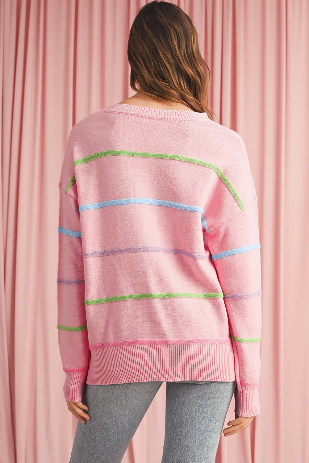 Pink Rainbow Striped Drop Sleeve Henley Sweater - MAD RUFFI