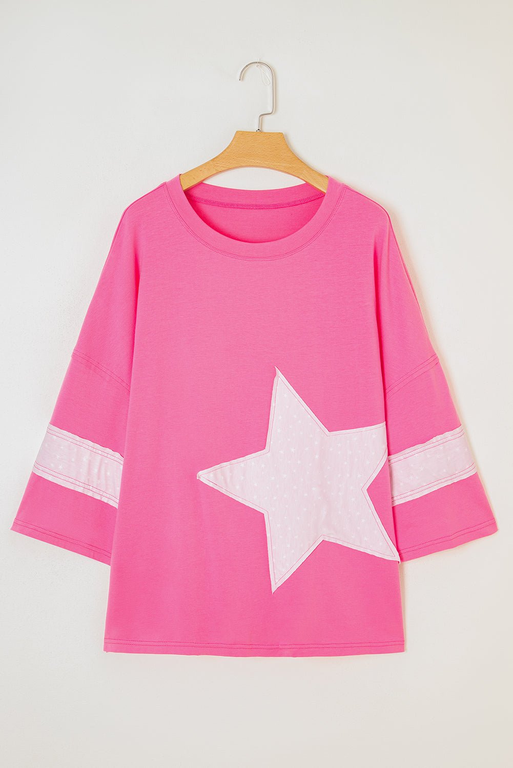 Pink Raw Edge Frayed Star Patched Plus Size Top - MAD RUFFI