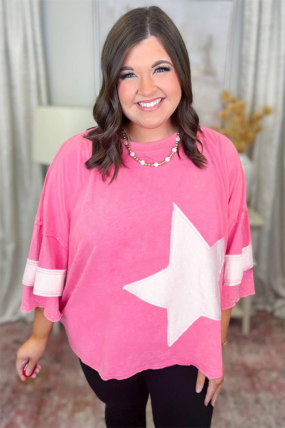 Pink Raw Edge Frayed Star Patched Plus Size Top - MAD RUFFI