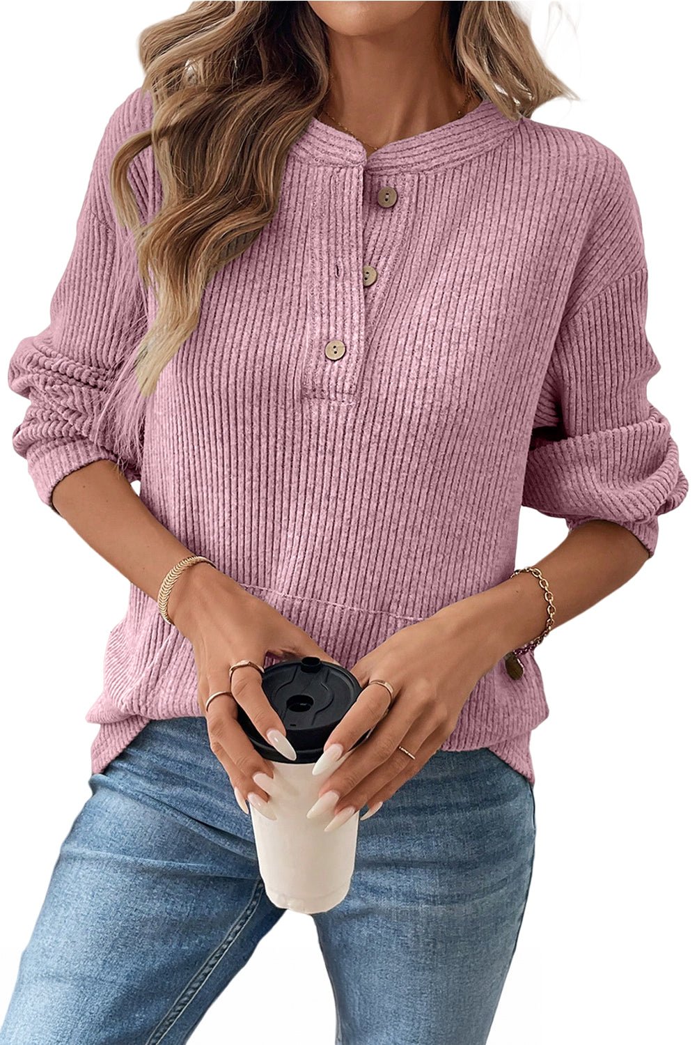 Pink Ribbed Texture Drop Shoulder Henley Knit Top - MAD RUFFI