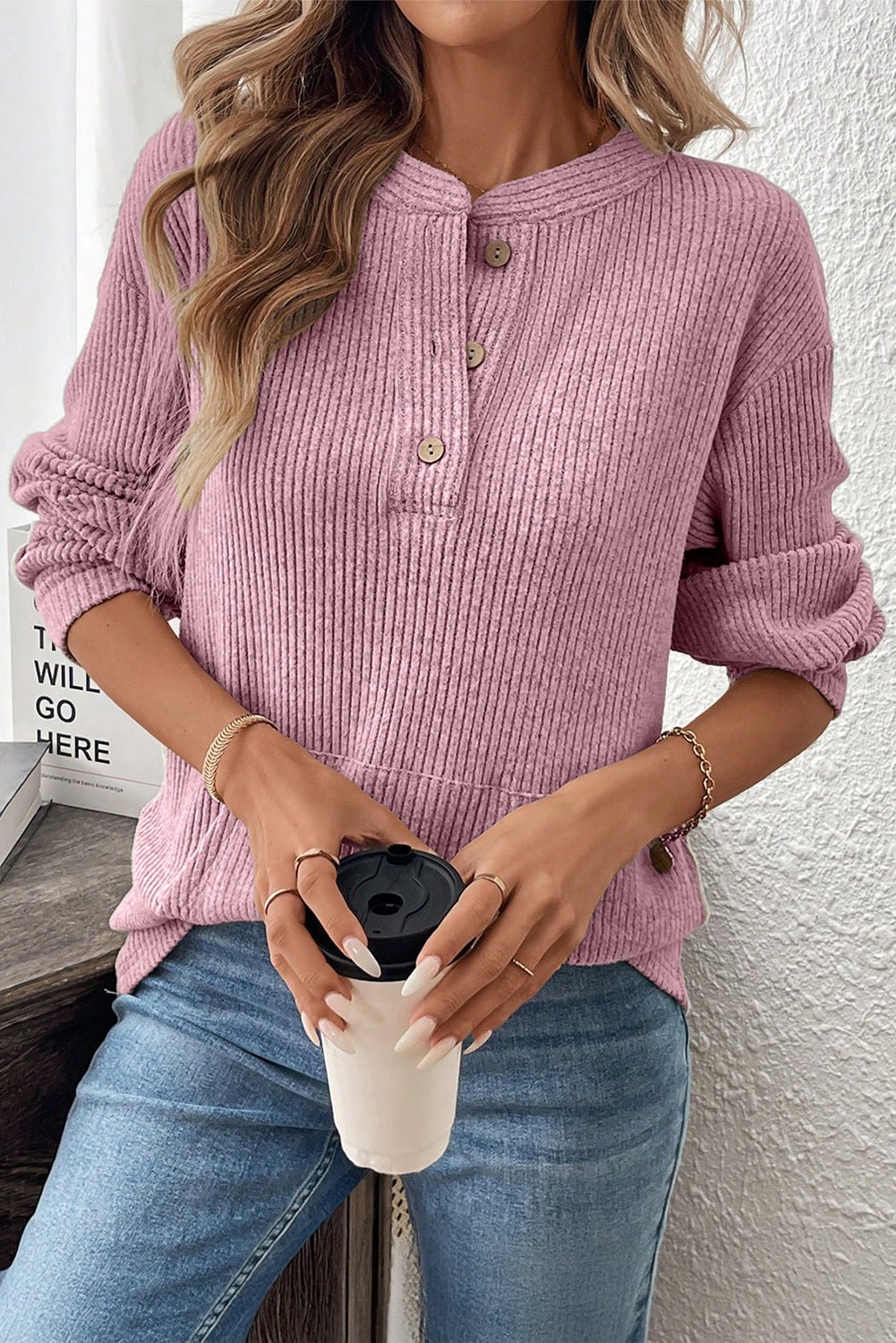 Pink Ribbed Texture Drop Shoulder Henley Knit Top - MAD RUFFI