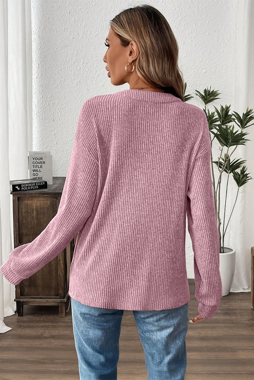 Pink Ribbed Texture Drop Shoulder Henley Knit Top - MAD RUFFI