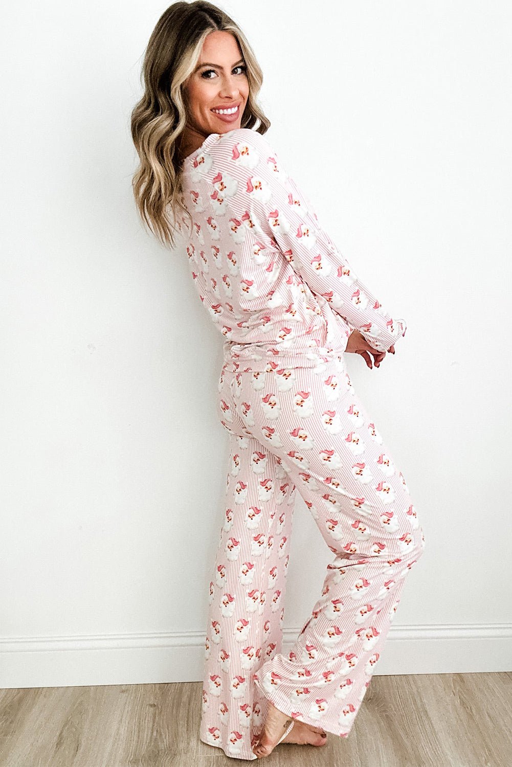 Pink Santa Claus Striped Print Loose Fit Two Piece Loungewear Set - MAD RUFFI